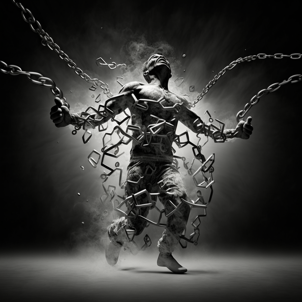 An illustration of a person breaking free from chains or shackles, representing the idea of overcoming addiction and building a new life.