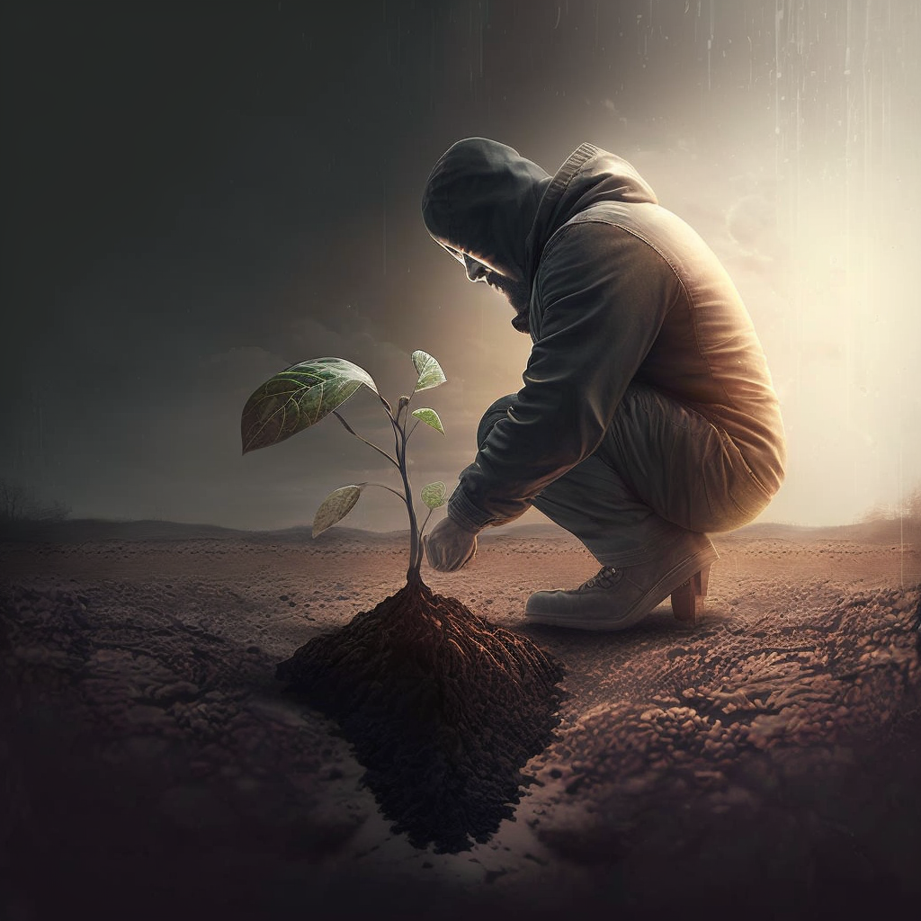 A person planting a seed in the ground, symbolizing the idea that wealth building requires patience and long-term planning. The image could show the seed growing into a large tree, representing the growth of wealth over time.