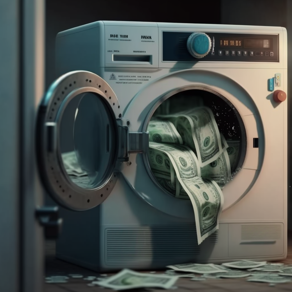 Picture shows money inside the washing machine , implying money laundering